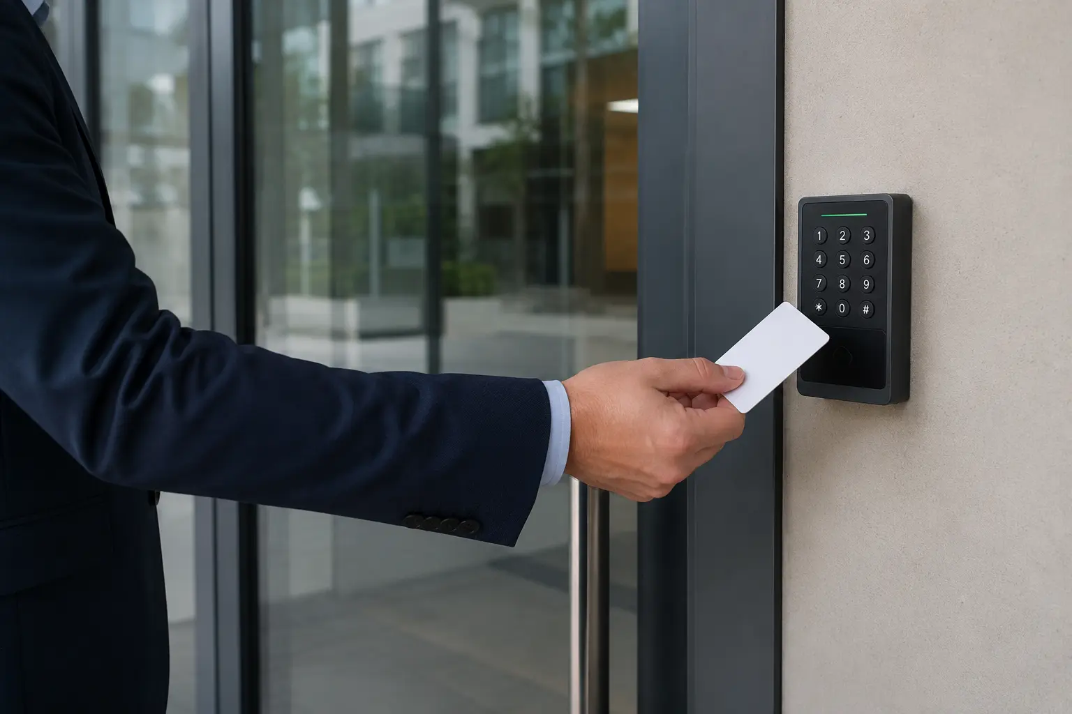 Collaborateur présentant son badge à un lecteur avec digicode
