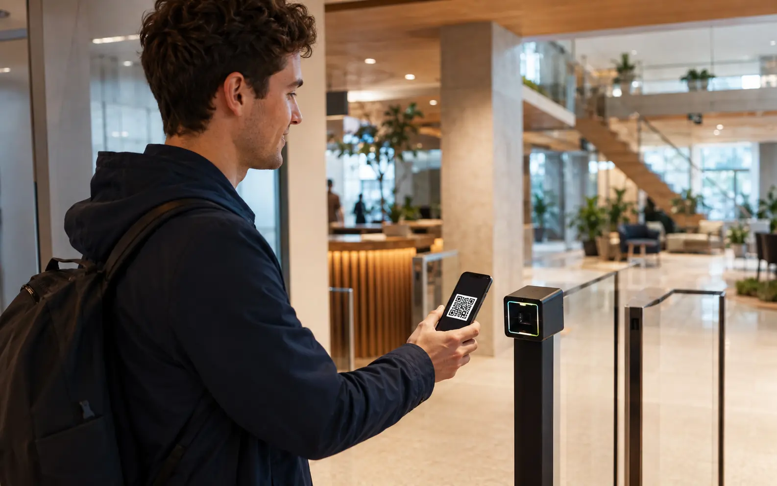 Visiteur présentant un QR code temporaire à un lecteur d’accès