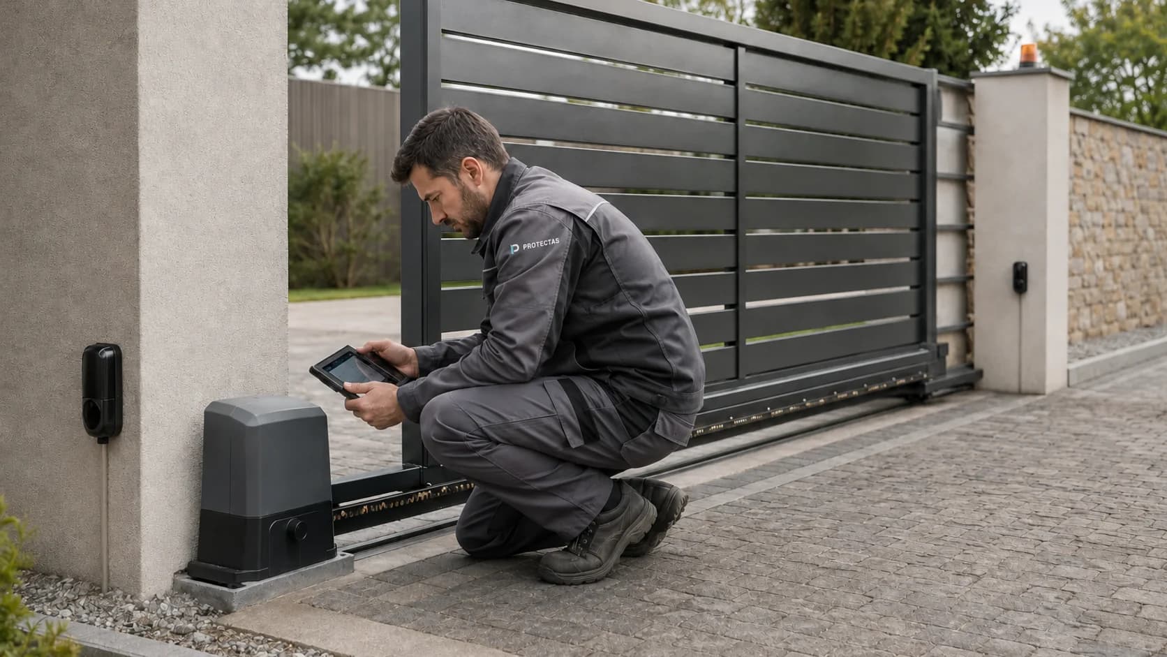 Technicien testant la motorisation et les sécurités d’un portail coulissant