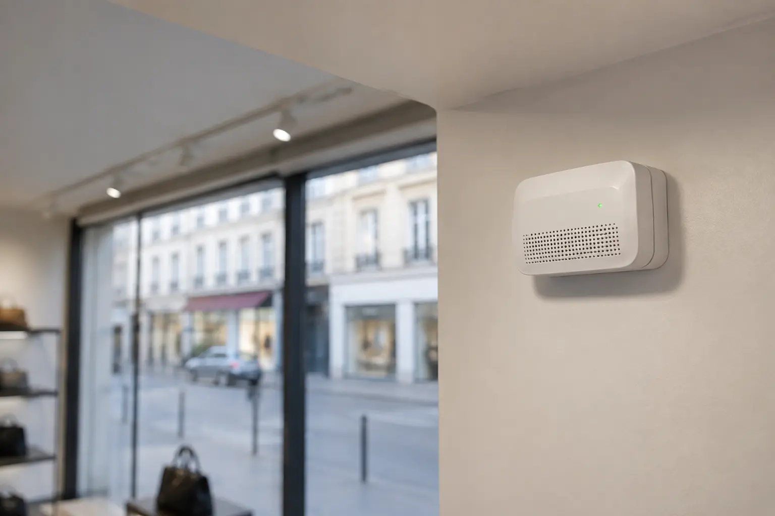 Détecteur acoustique de bris de vitre orienté vers une vitrine de commerce