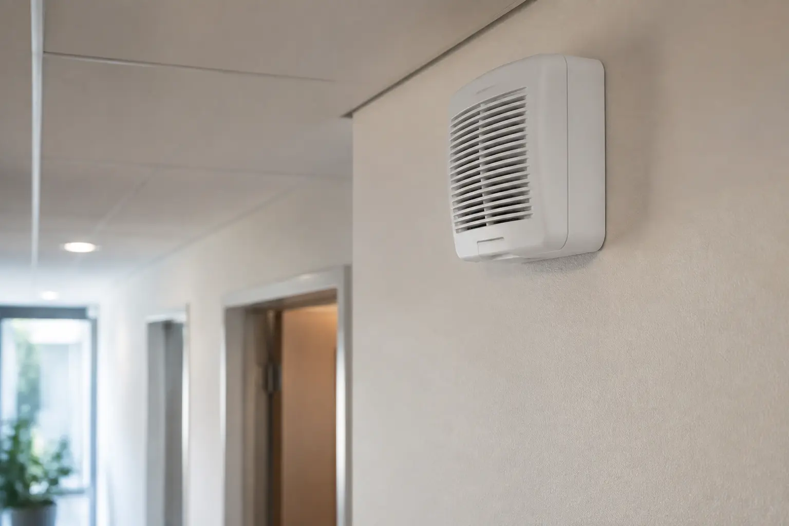 Sirène intérieure compacte installée en hauteur dans un couloir