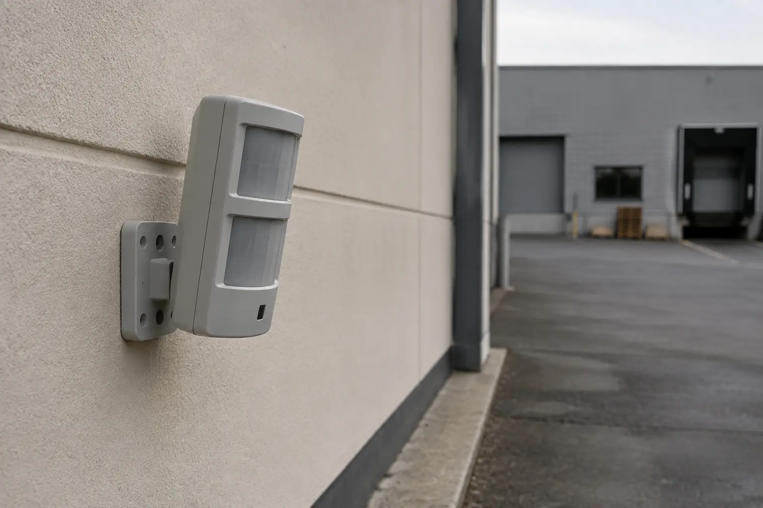 Détecteur de mouvement extérieur anti-masque installé sur la façade d’un entrepôt