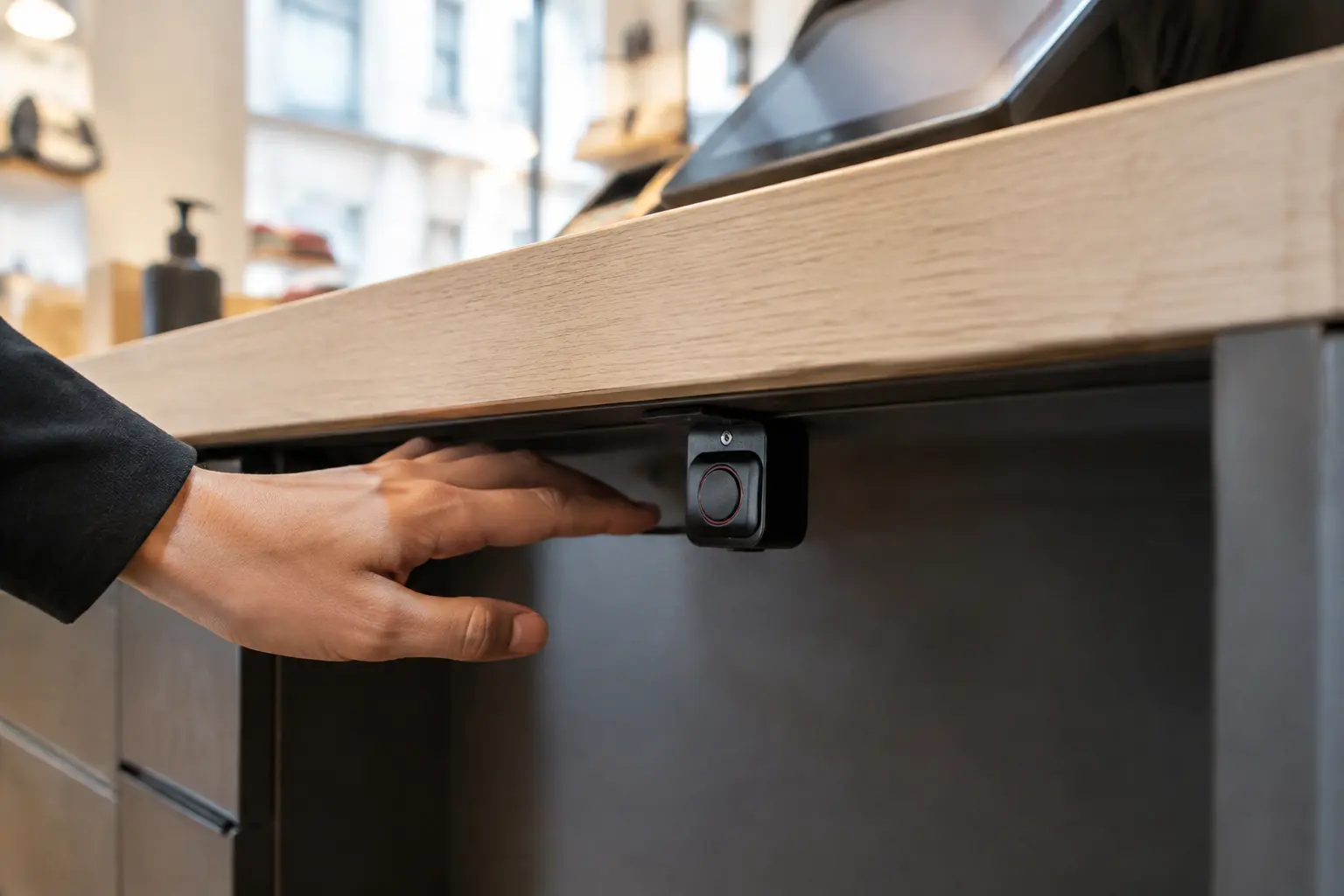 Bouton d’urgence discret installé sous le comptoir d’un commerce