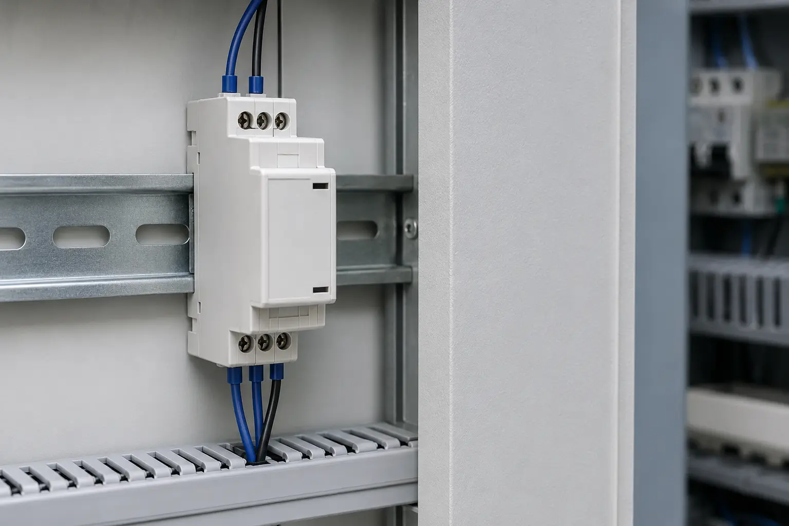Relais d’automatisation d’alarme installé proprement dans un tableau électrique
