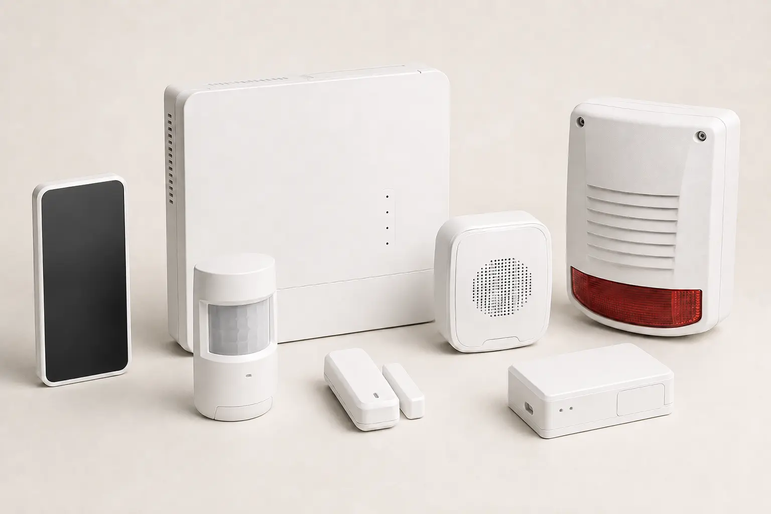Centrale, détecteurs et sirène composant la protection Installateur d’alarme et télésurveillance en Île-de-France