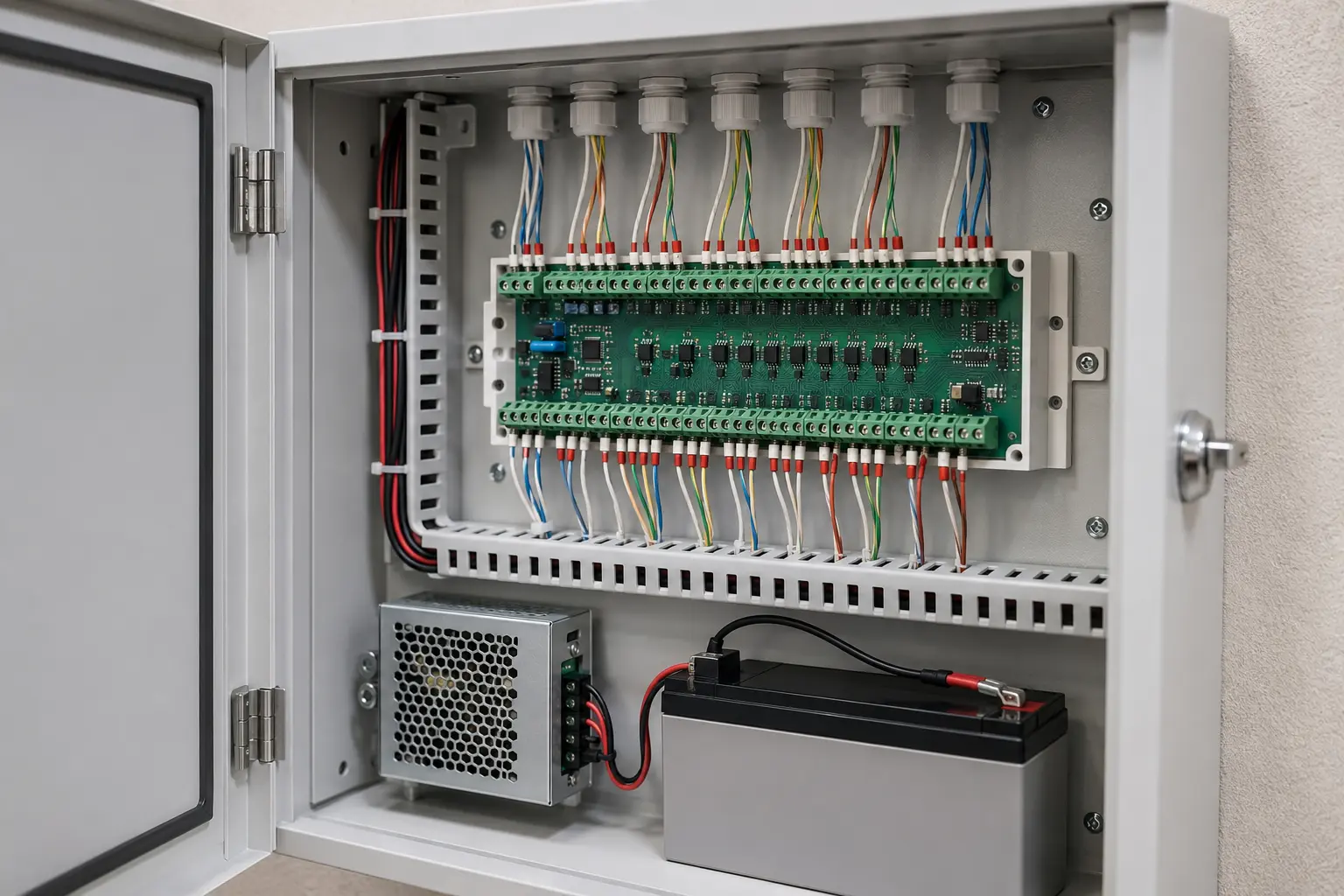 Module d’intégration de détecteurs filaires installé dans un coffret d’alarme organisé