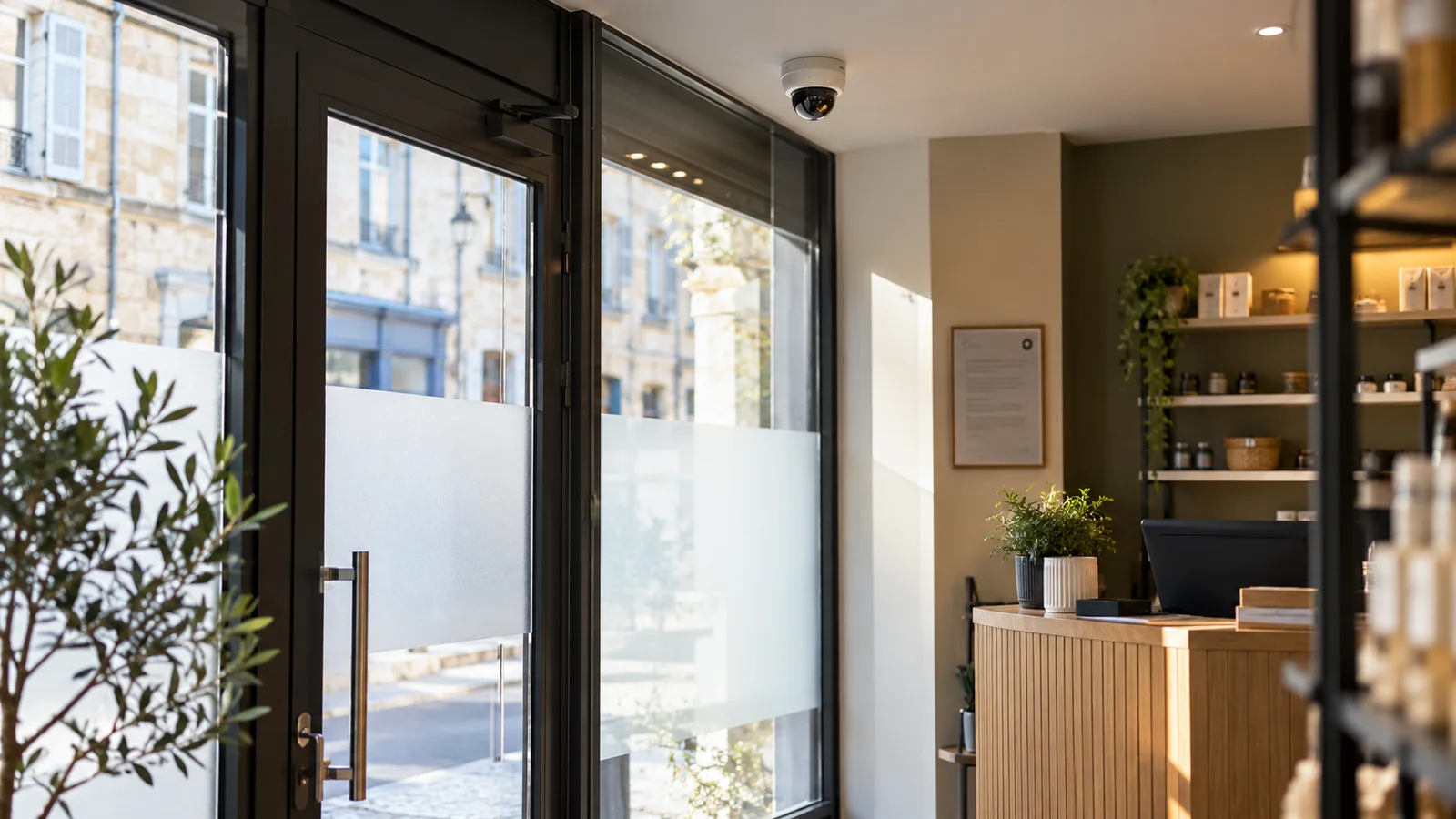 Entrée de commerce avec caméra orientée vers l’intérieur — illustration d’un site fictif