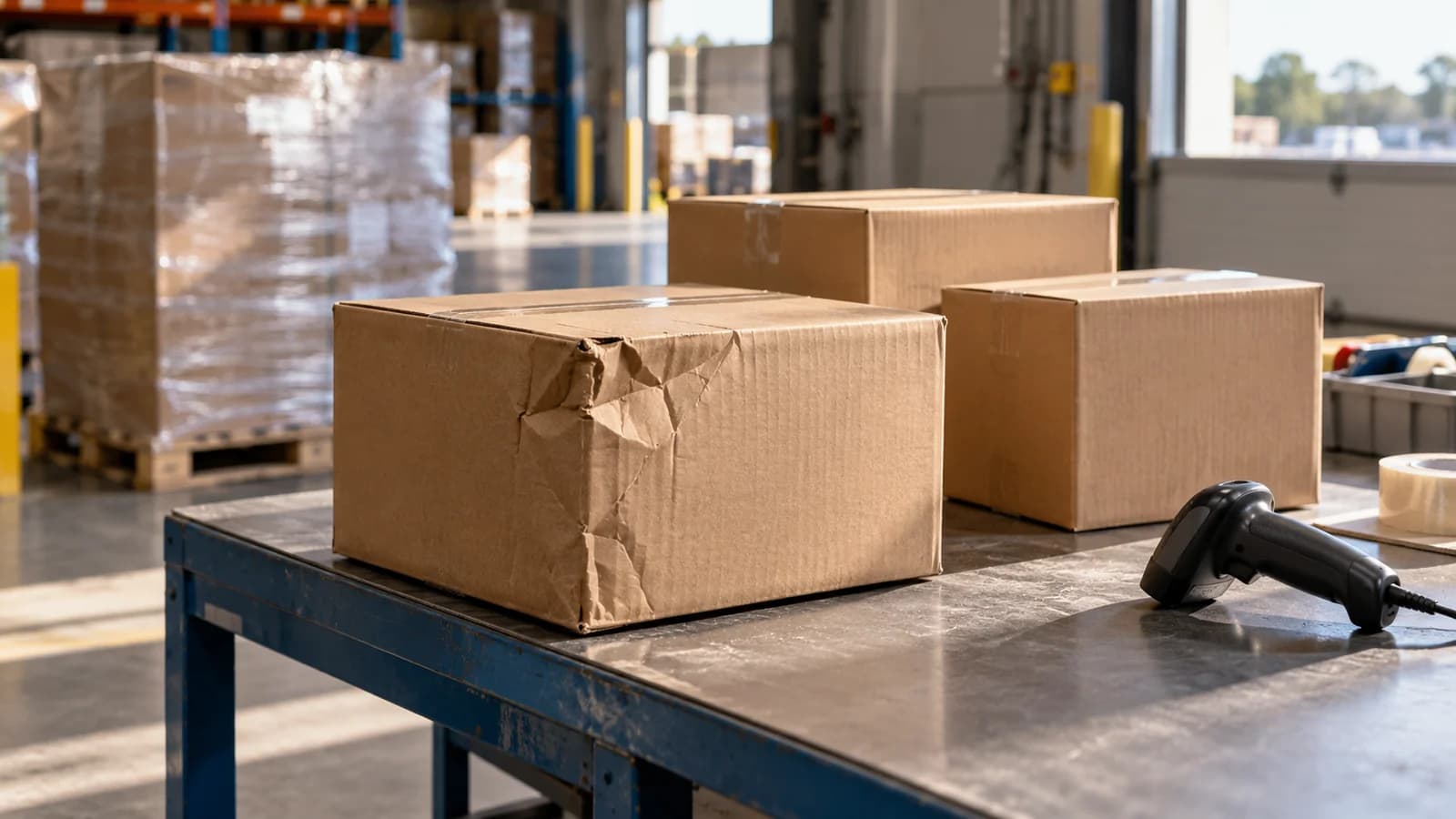 Illustration de cartons à la réception, dont un emballage avec un coin enfoncé