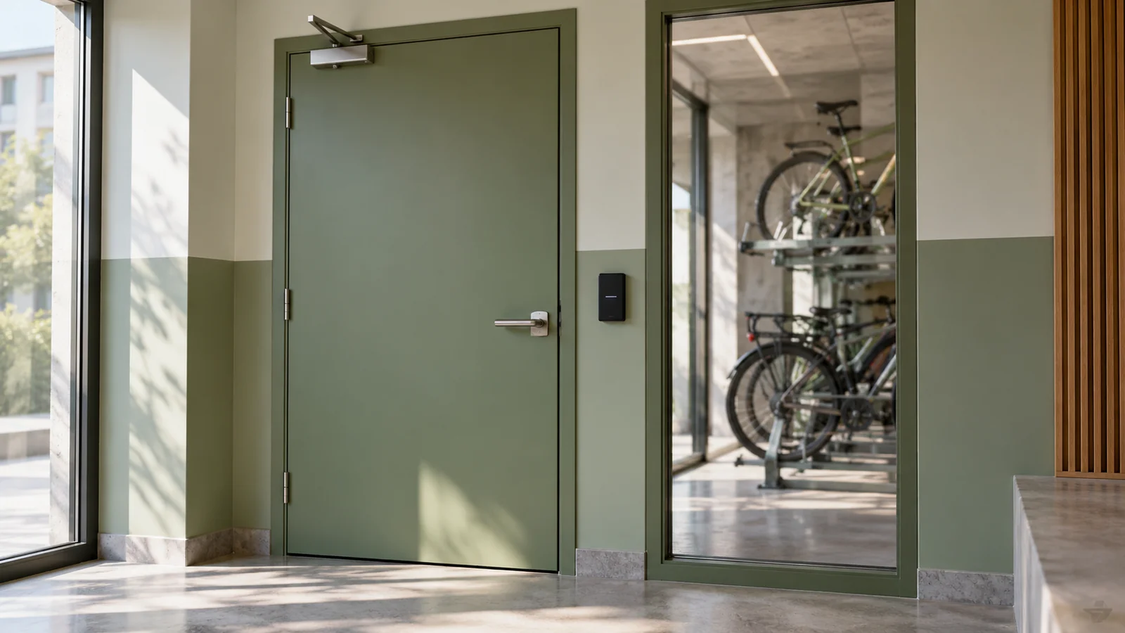 Illustration d’une porte de local vélos avec ferme-porte et lecteur de badge
