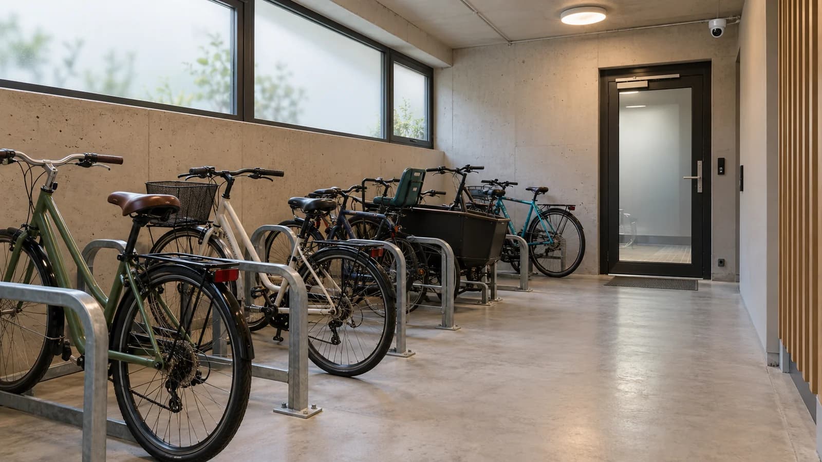 Illustration d’un local vélos de résidence avec arceaux, porte et caméra discrète