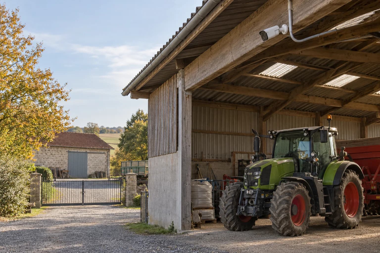 Cour d’une exploitation agricole avec hangar, matériel et bâtiments séparés