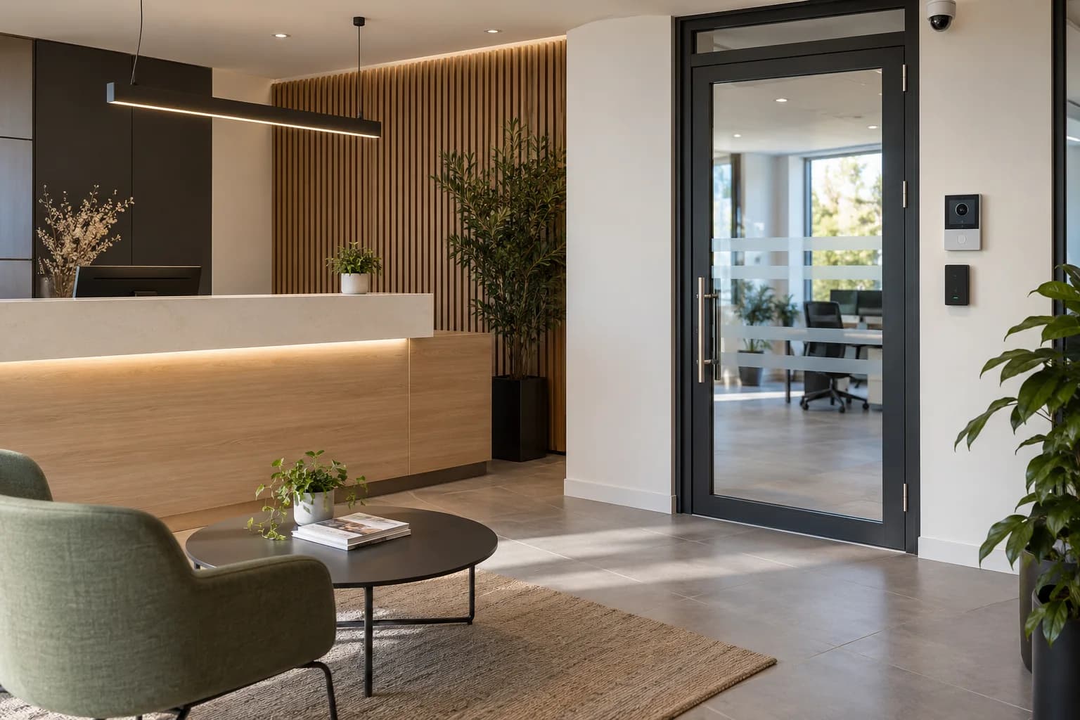 Accueil d’un immeuble de bureaux avec passage vers les espaces de travail