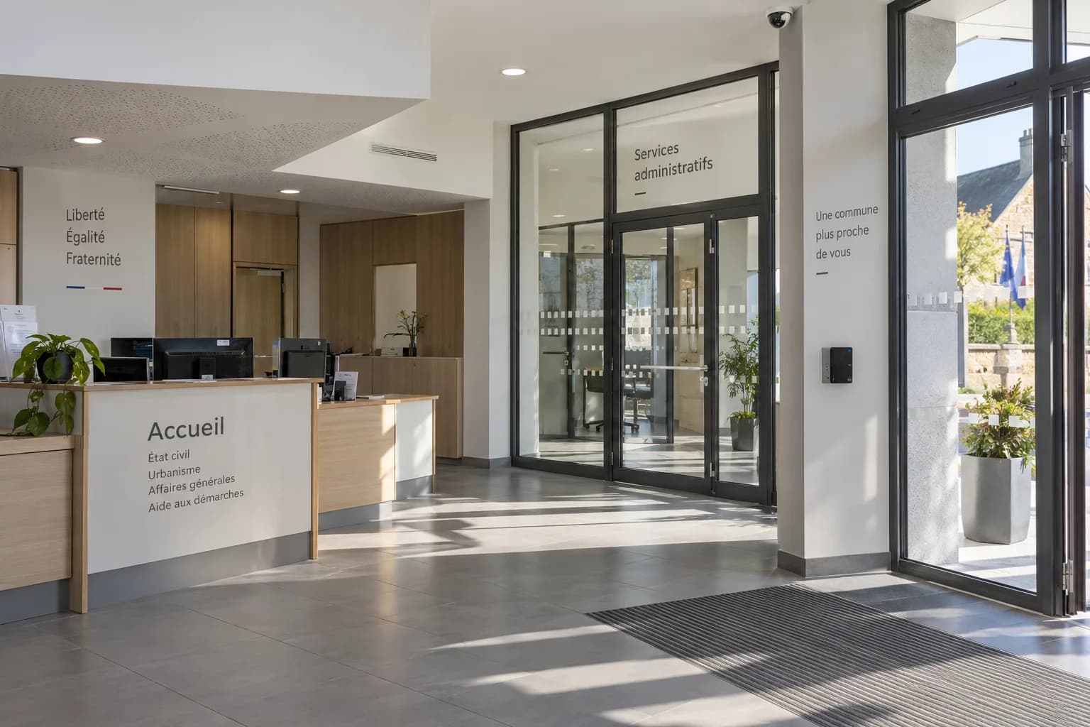 Accueil d’un bâtiment public avec comptoir et accès aux bureaux