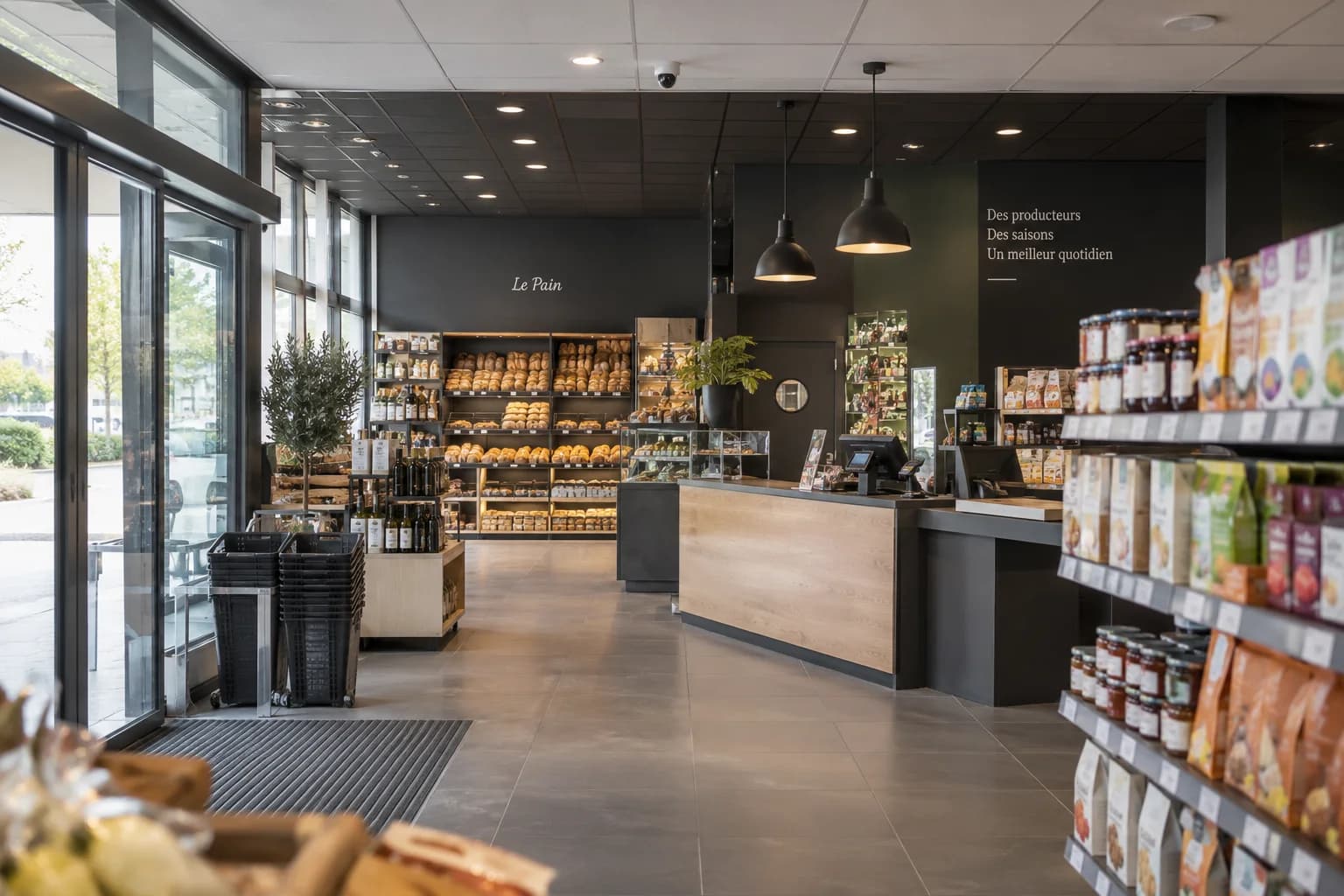 Allée d’un magasin alimentaire avec rayonnages, caisse et caméra discrète au plafond