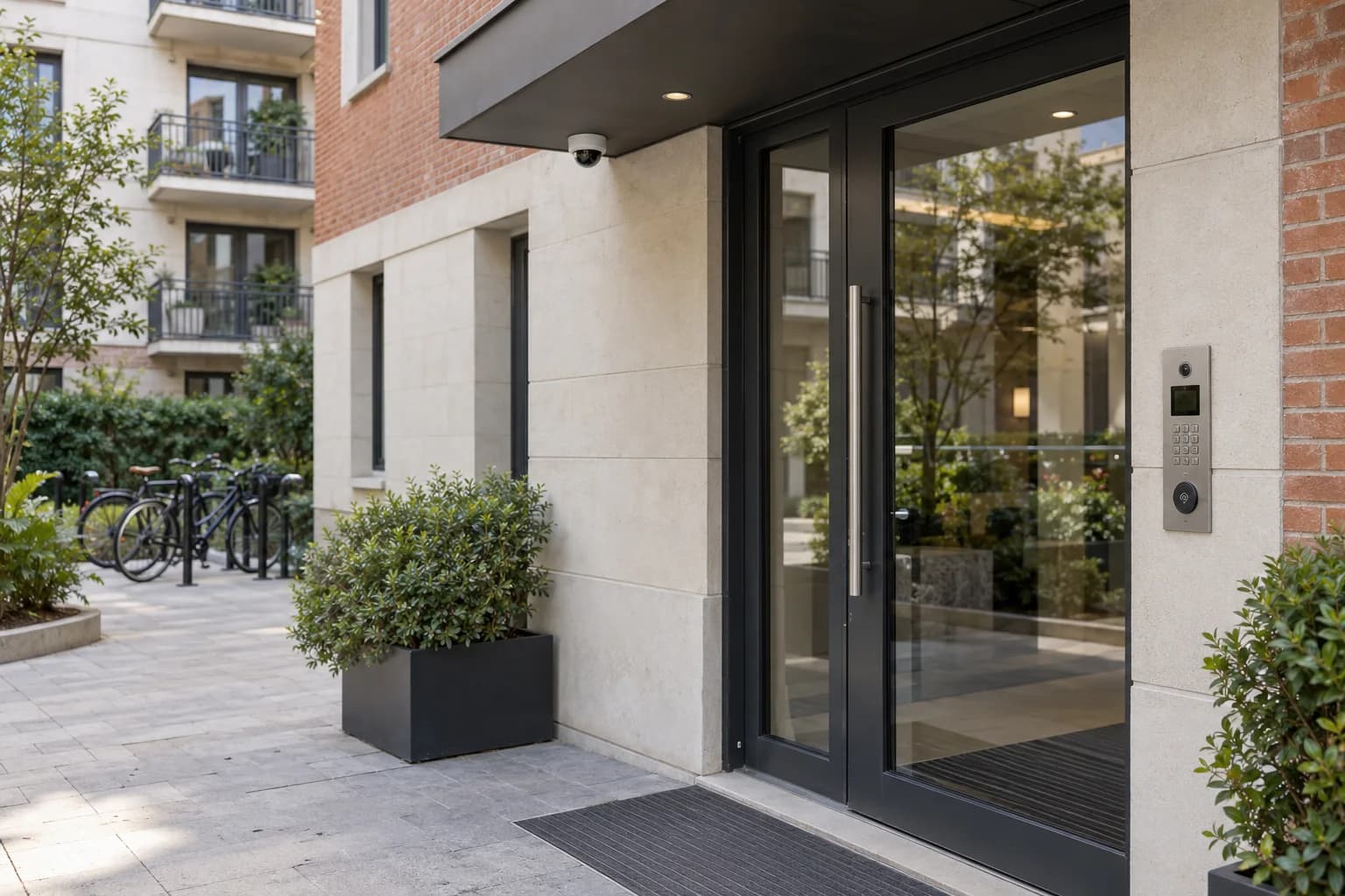 Hall d’une résidence avec porte vitrée, interphone et caméra discrète