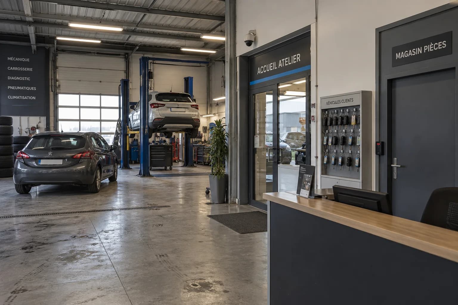 Atelier automobile avec véhicules, postes de travail et accès au bâtiment