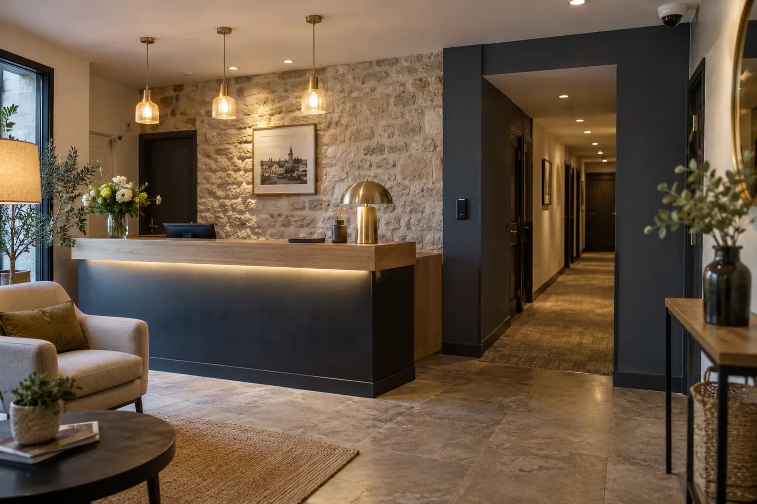 Réception d’un hôtel avec comptoir et circulation vers les hébergements