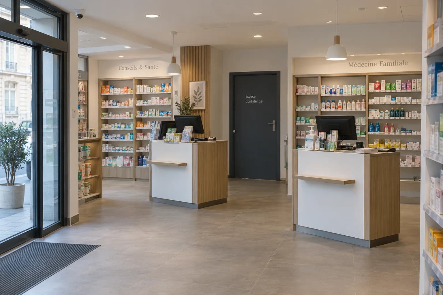 Comptoir et rayonnages d’une officine lumineuse avec caméra au plafond