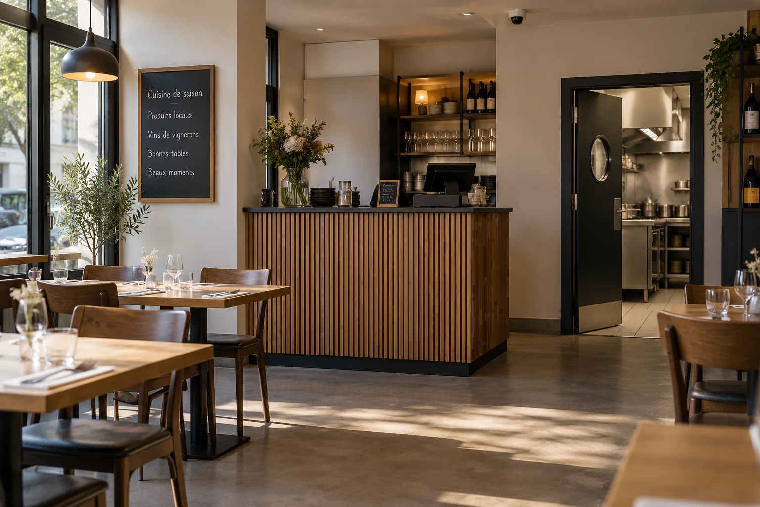 Salle d’un restaurant, comptoir et accès vers les zones de service