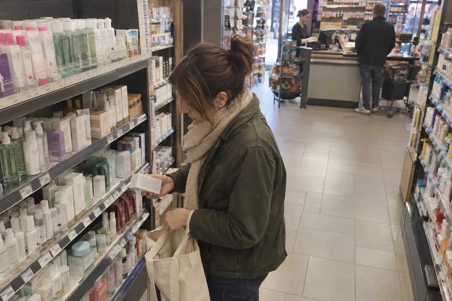 Scène fictive dans un commerce : une personne tient un article près de son sac, sans présumer de son intention