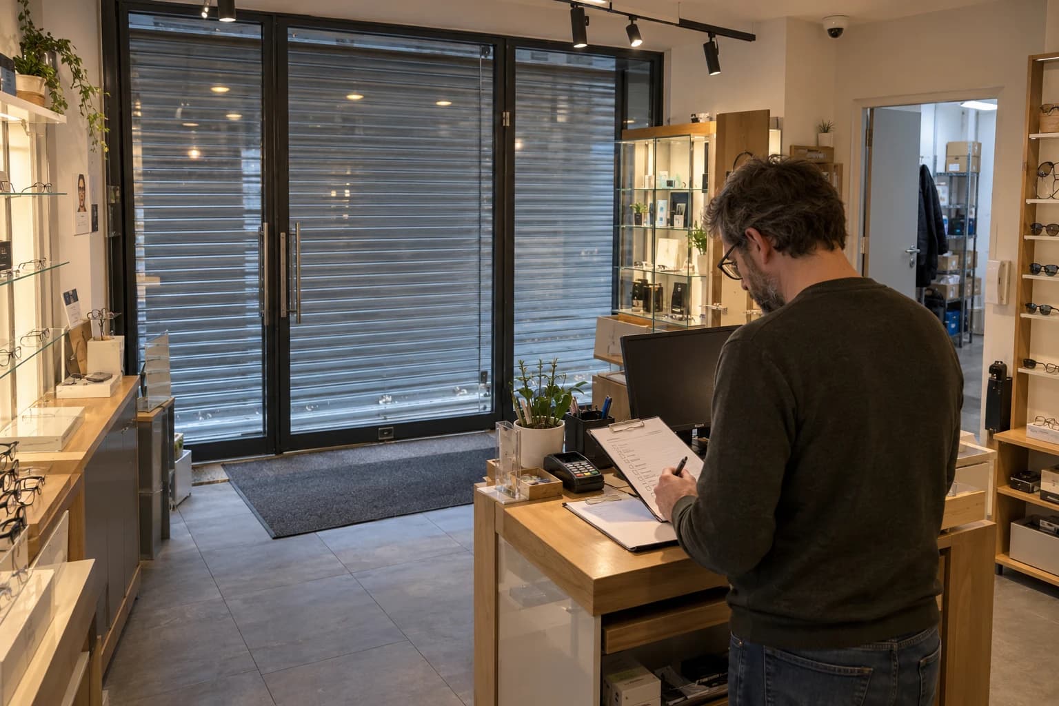 Illustration générée d’une boutique fictive préparée à la fermeture : façade protégée, stock éloigné de la vitrine et contrôle des consignes