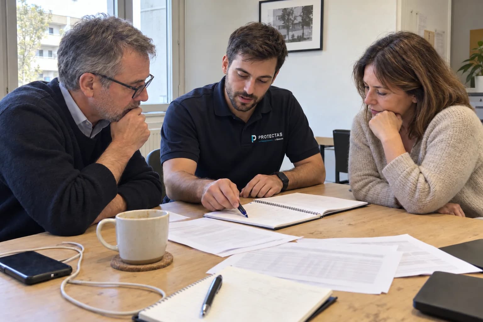 Des membres d’un conseil syndical et un technicien Protectas examinent les documents du projet autour d’une table