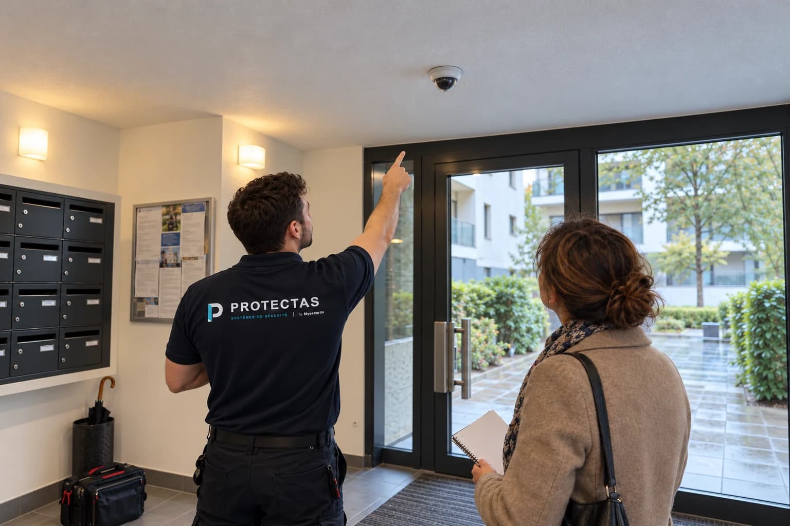 Un technicien Protectas explique le cadrage d’une caméra dôme fixée au plafond du hall à une représentante du conseil syndical