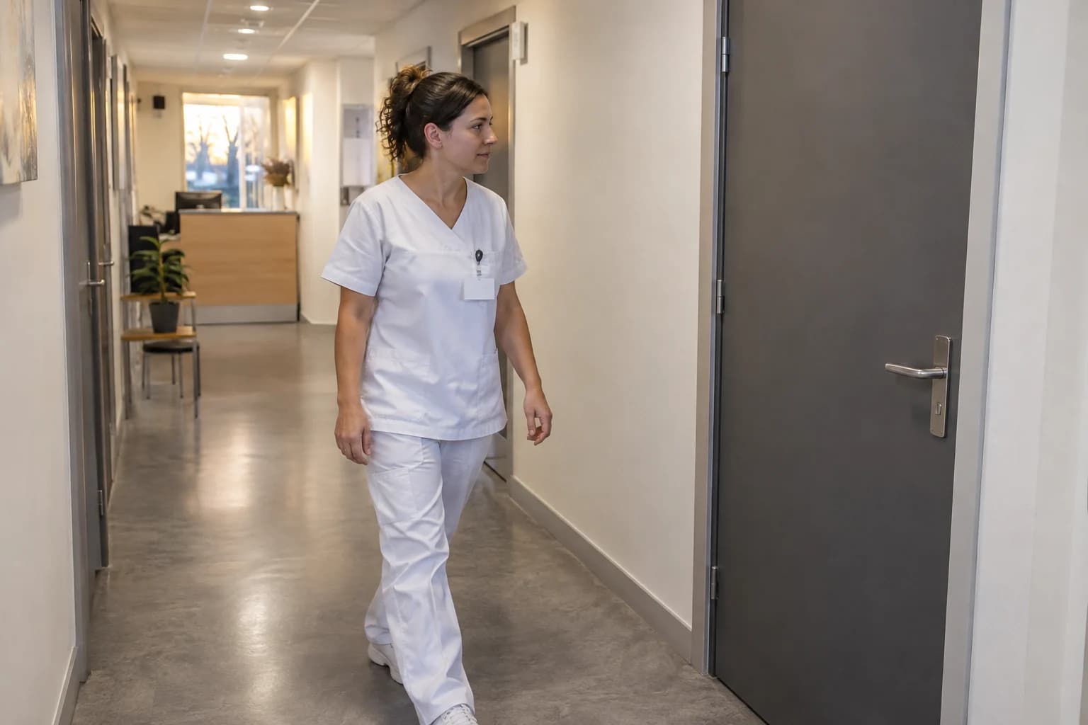Illustration d’une soignante adulte dans une circulation de clinique, devant une porte fermée, avec l’accueil au fond