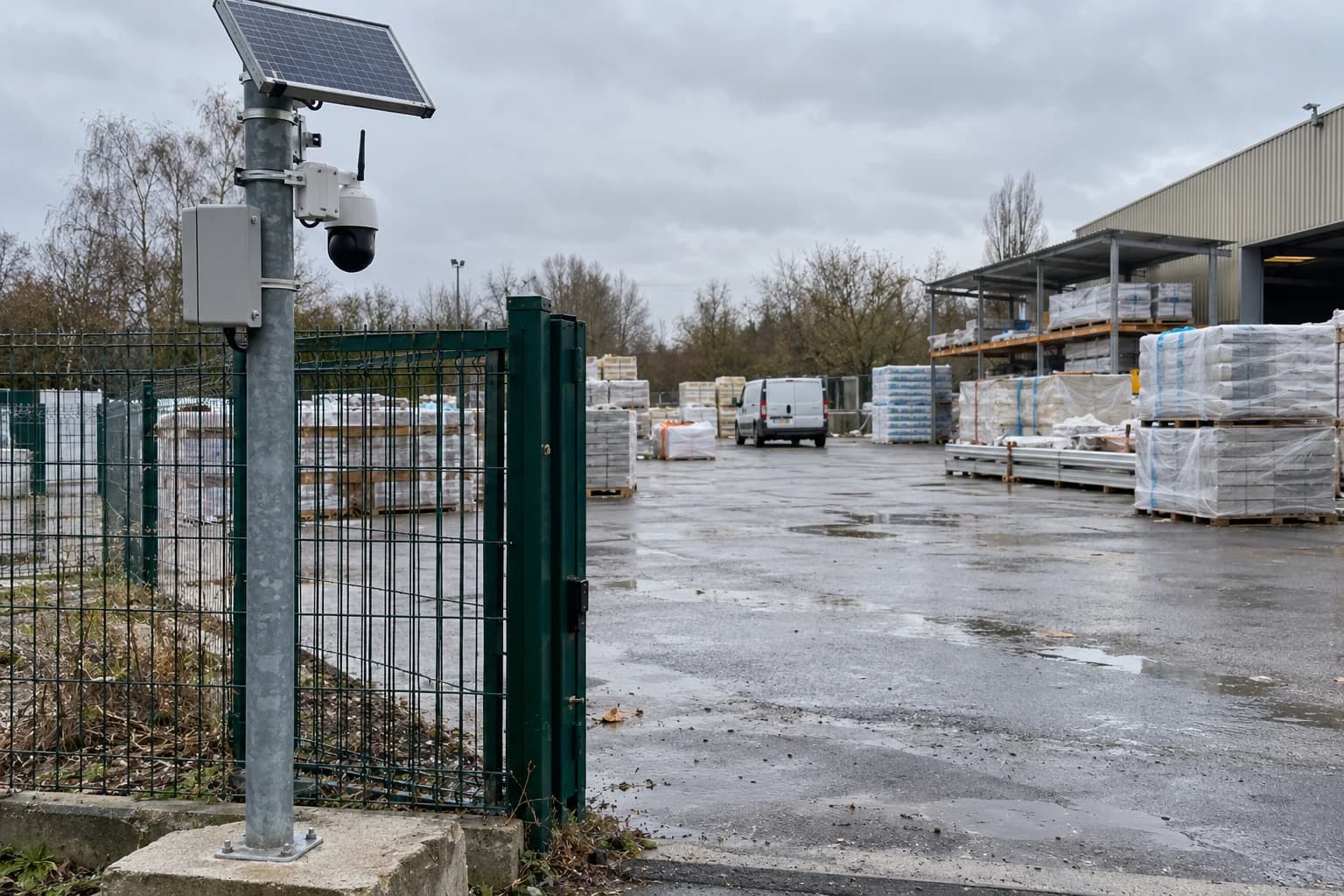 Illustration générée : caméra générique, panneau solaire et réserve d’énergie sur un dépôt fictif sans alimentation secteur