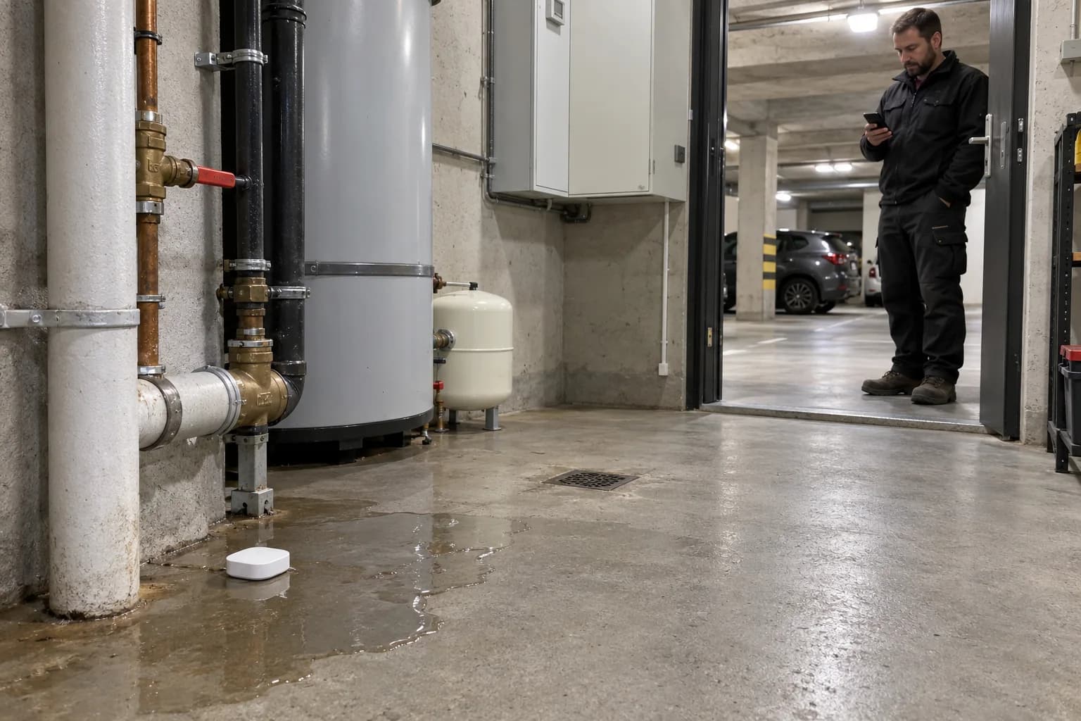 Illustration générée : détecteur d’eau générique au sol d’un local technique fictif, responsable restant sur le seuil sec