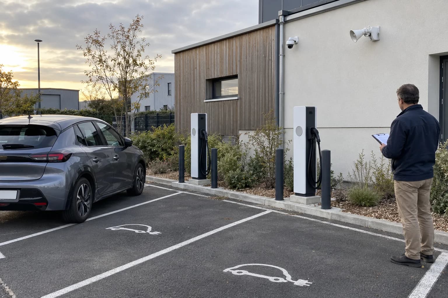Illustration générée : responsable examinant une zone de recharge fictive, avec câbles rangés et vidéo de contexte