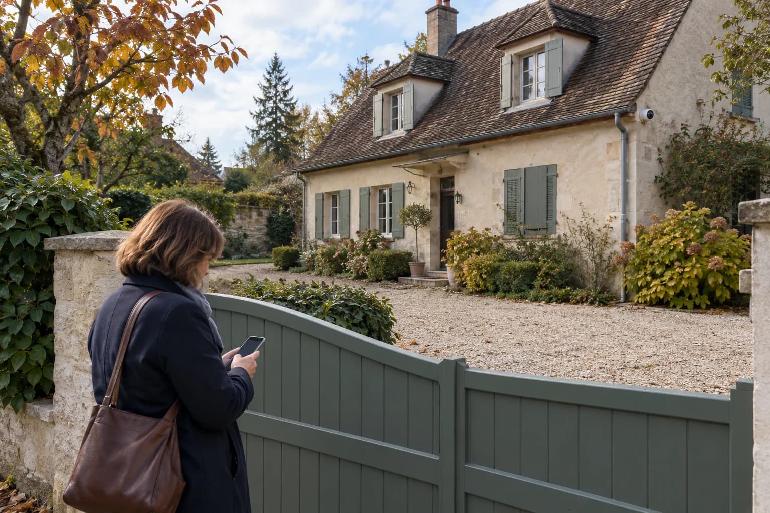 Illustration générée : propriétaire consultant son téléphone au portail d’une maison fictive occupée par périodes