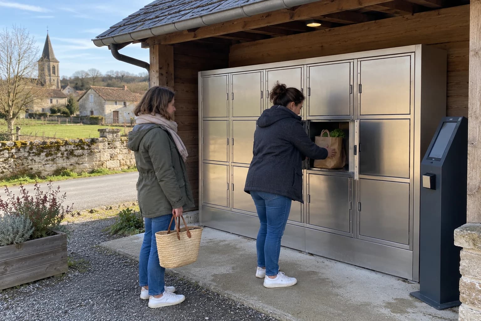 Illustration générée : casiers de vente en libre-service sur un site fictif, zone de retrait distincte des informations de paiement