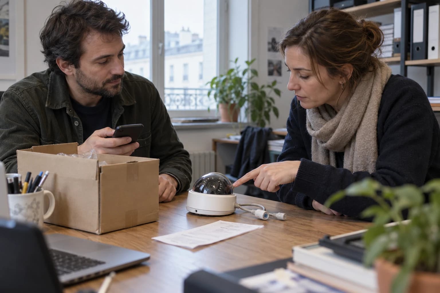 Illustration générée : examen d’une caméra générique d’occasion et des documents de cession dans un bureau fictif