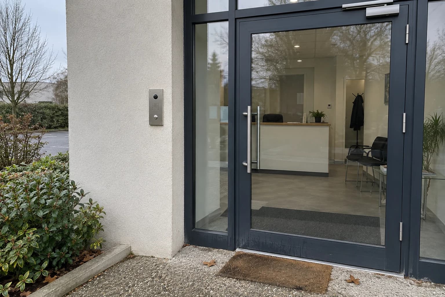 Interphone vidéo fixé au mur près de la porte fermée d’une entreprise