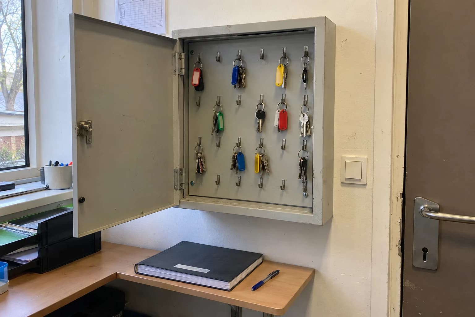 Armoire mécanique à clés et registre de remise dans un local de gestion