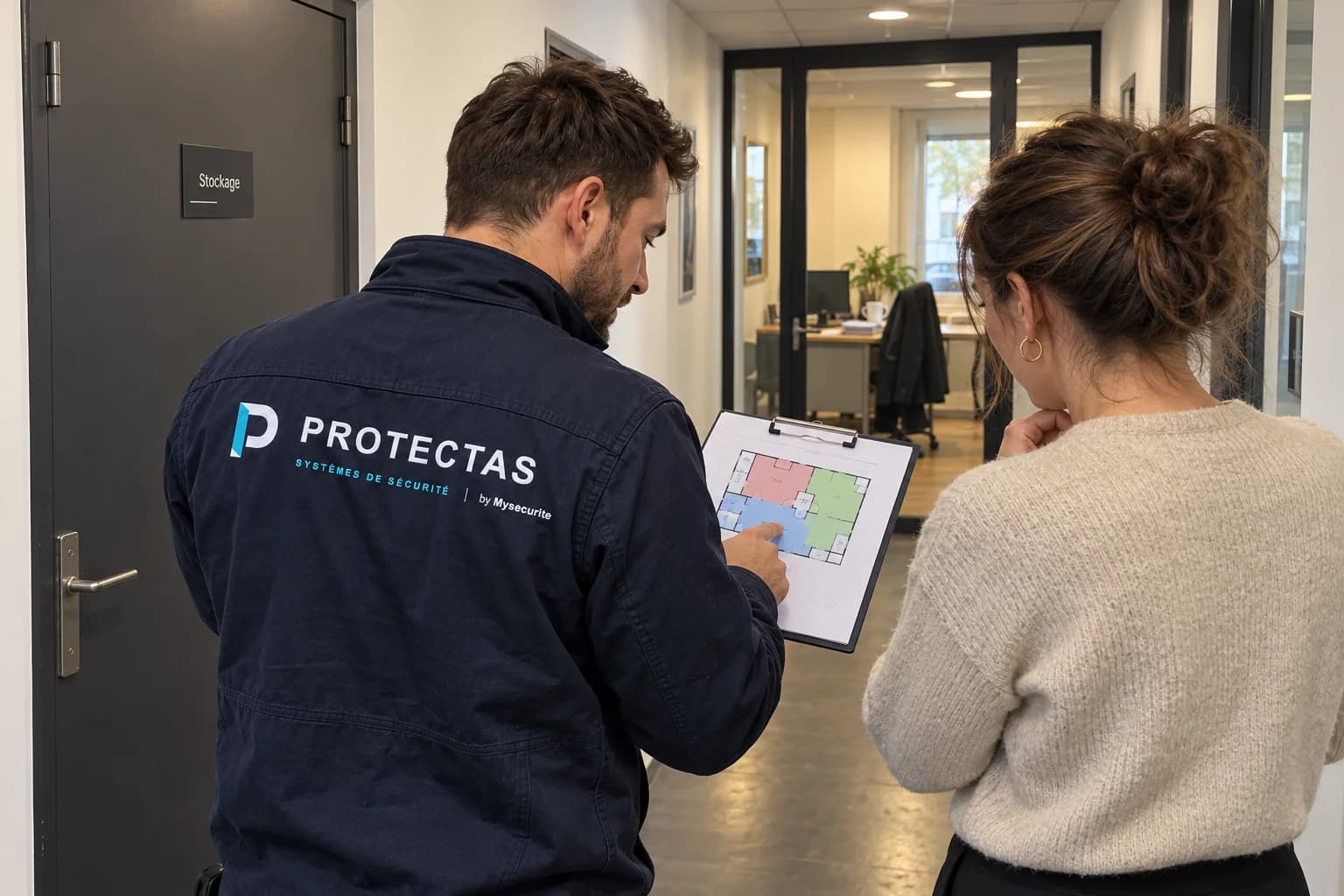 Un technicien Protectas et une responsable examinent le plan d’une réserve et des bureaux