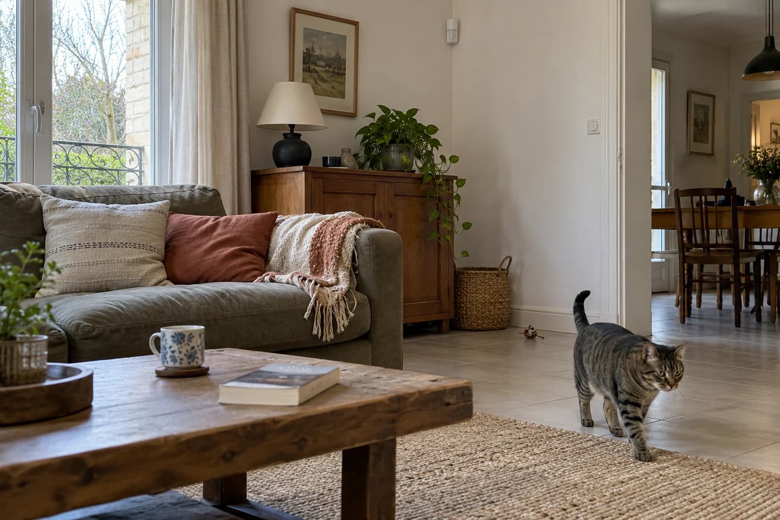Un chat circule dans un salon habité avec détecteur de mouvement en partie haute du mur