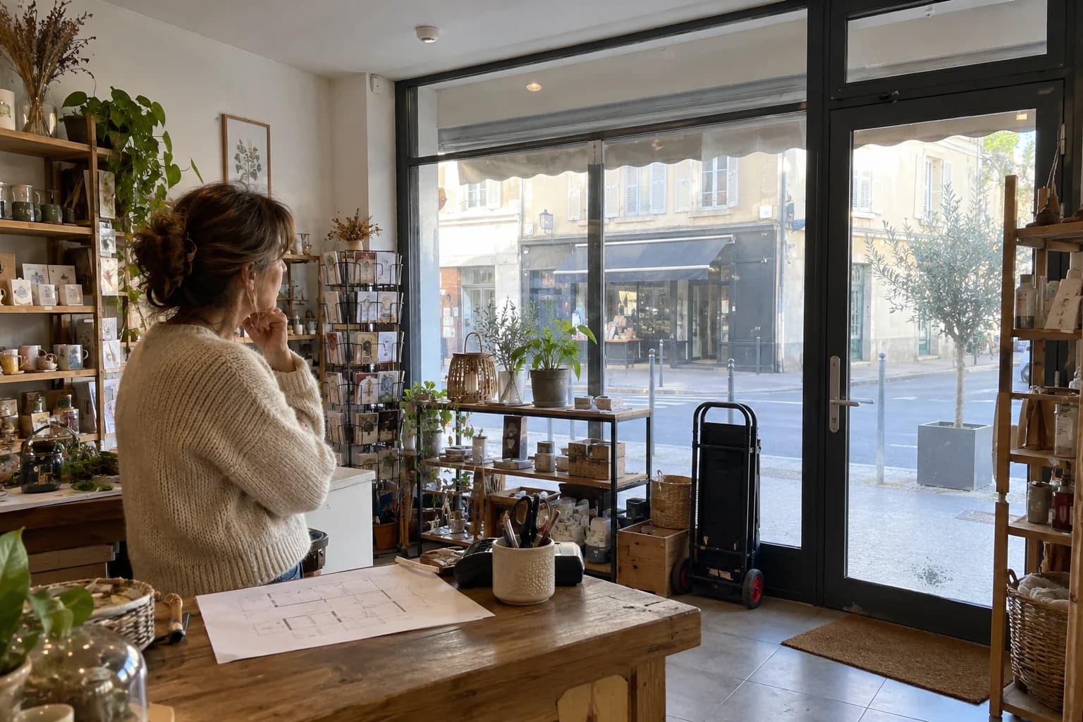 Une commerçante examine la vitrine et les ouvertures de sa boutique depuis le comptoir