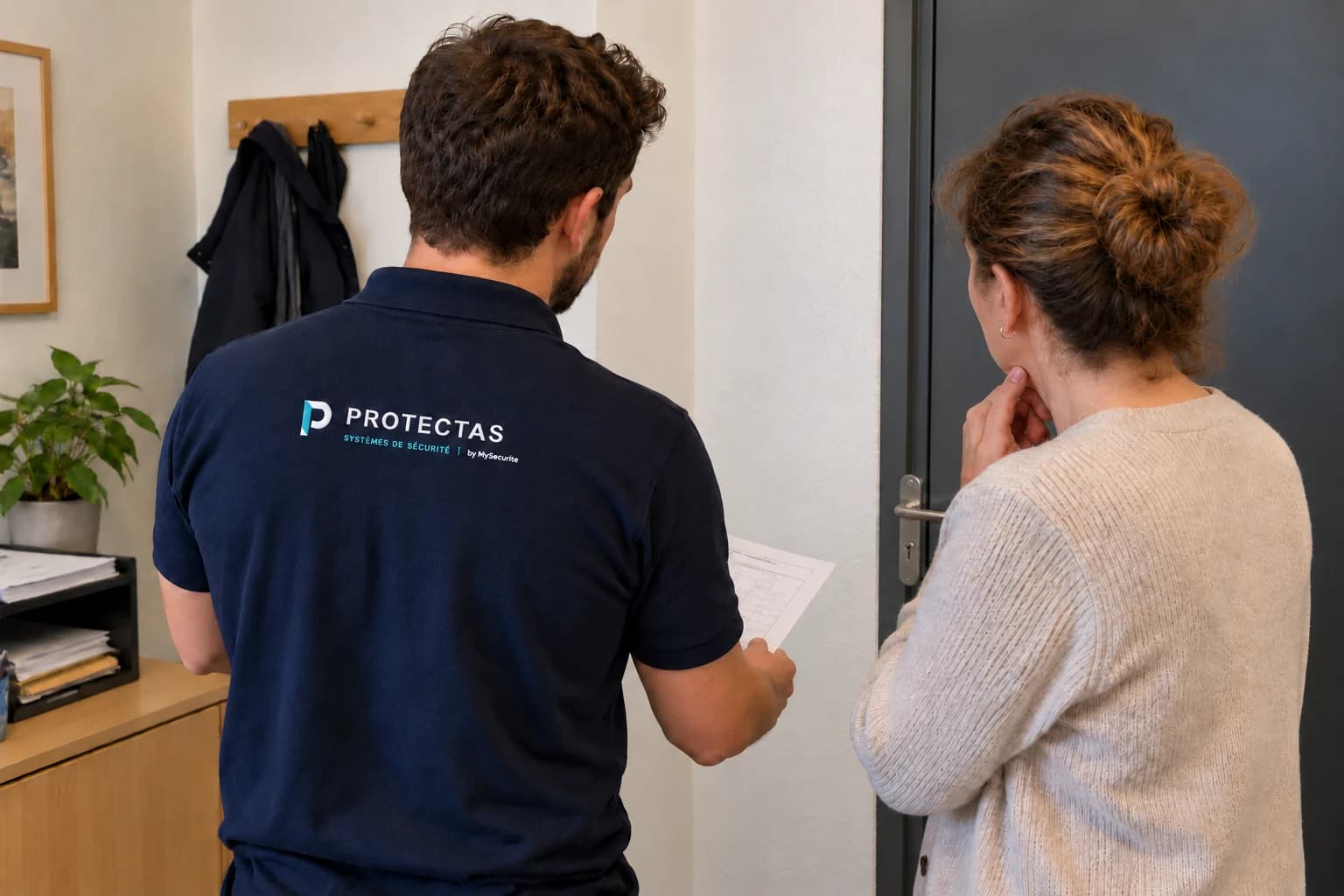 Un technicien Protectas et une responsable examinent une porte fermée et le plan de protection