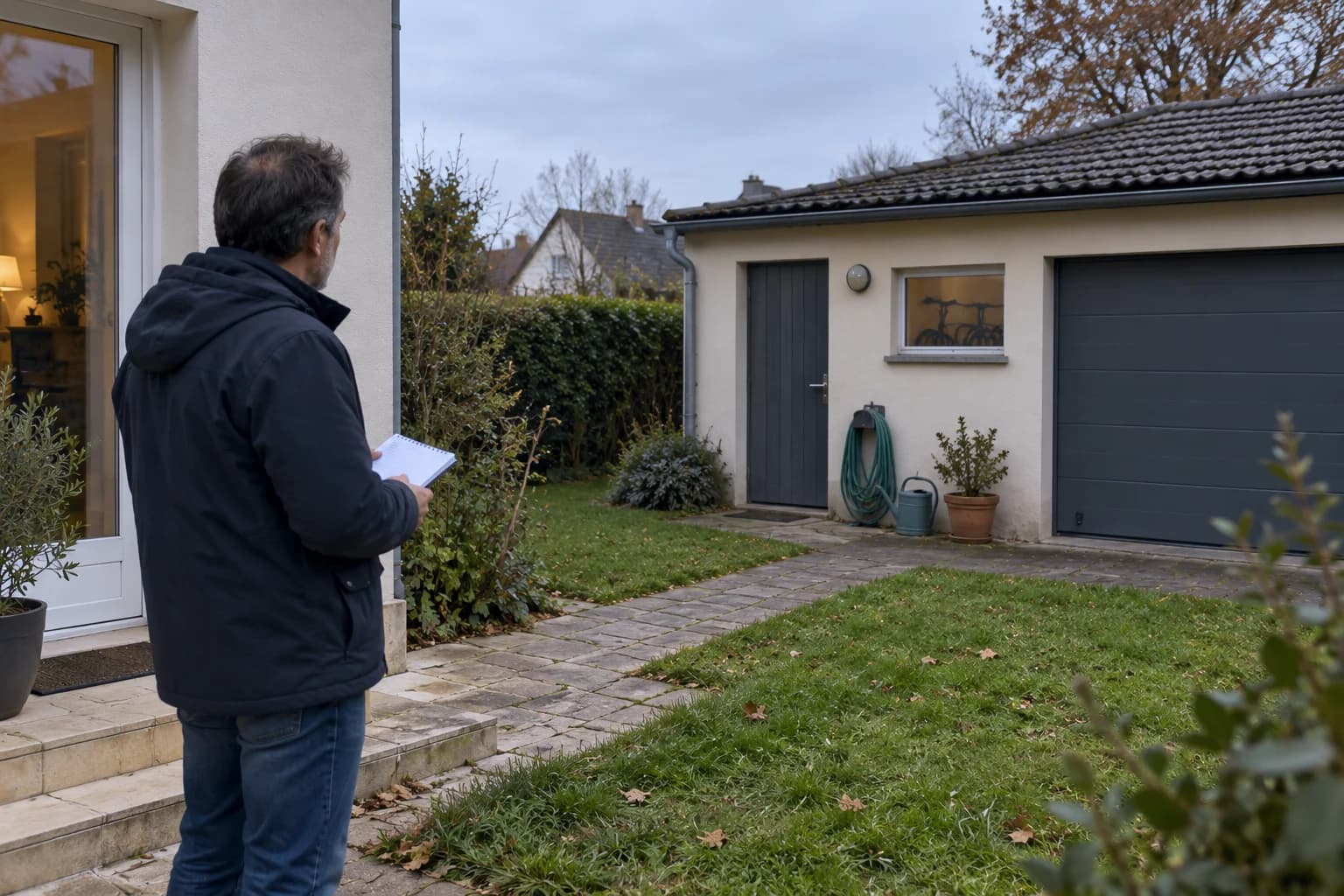 Un propriétaire examine le passage entre sa maison et son garage indépendant