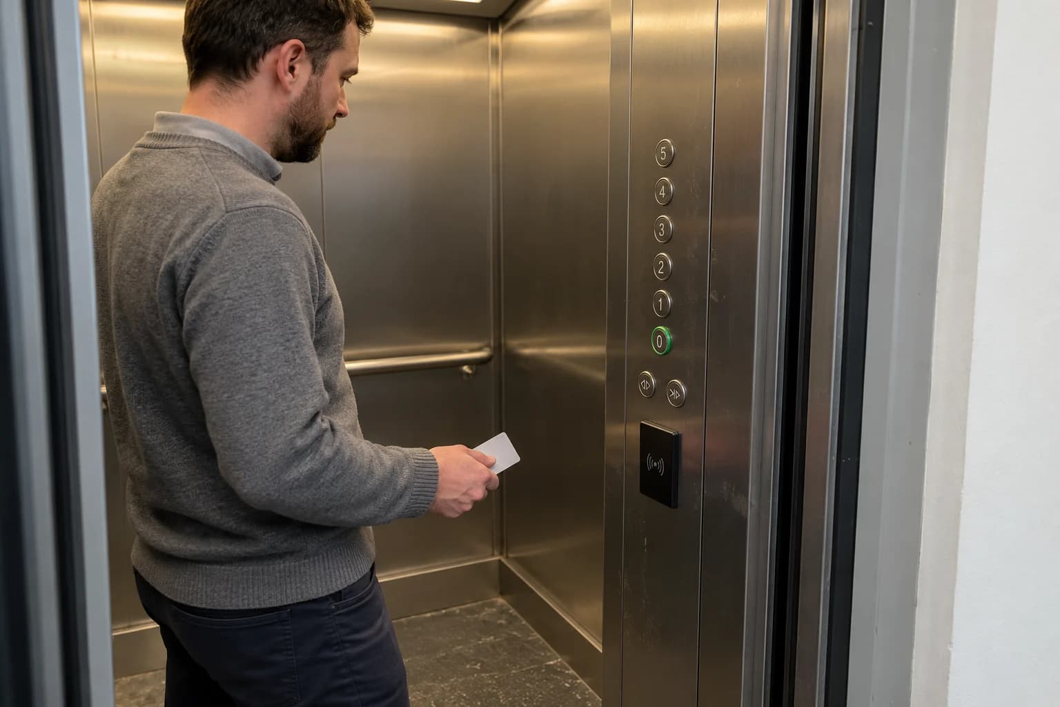 Un gestionnaire examine le lecteur de badge sur le panneau fixe d’une cabine d’ascenseur
