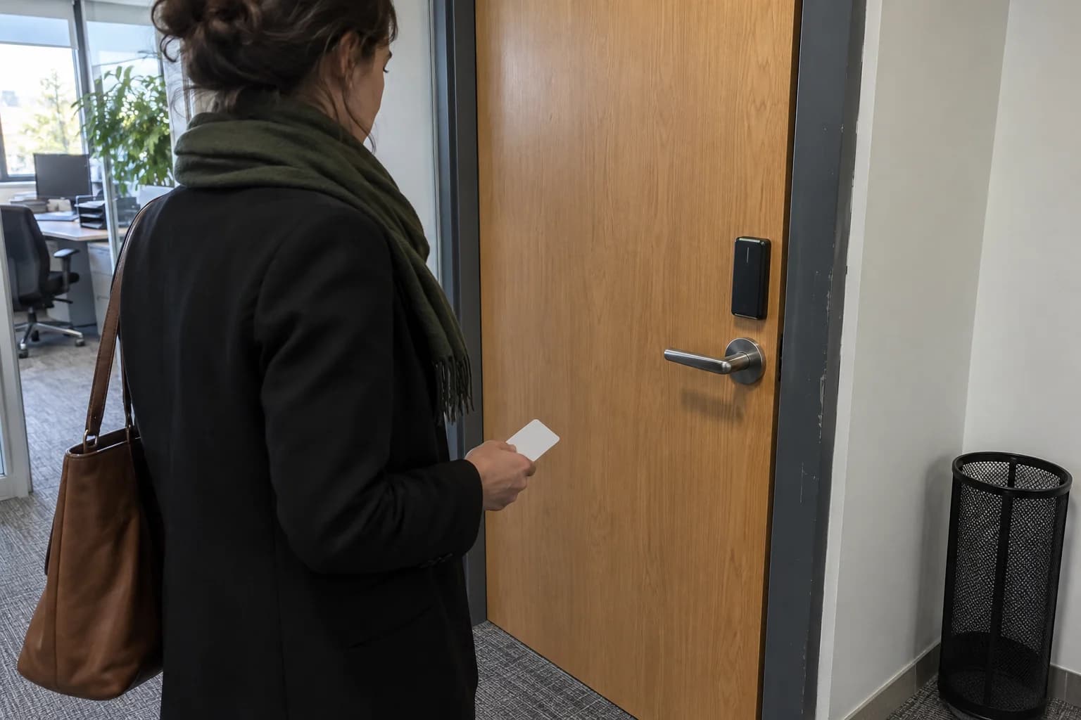 Une utilisatrice avec un badge devant une porte de bureau munie d’une poignée électronique