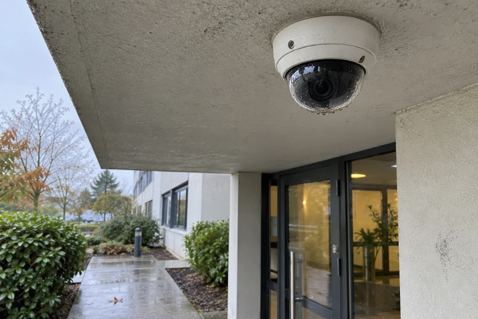Caméra fixée sous un auvent de béton après la pluie, près d’une entrée privée