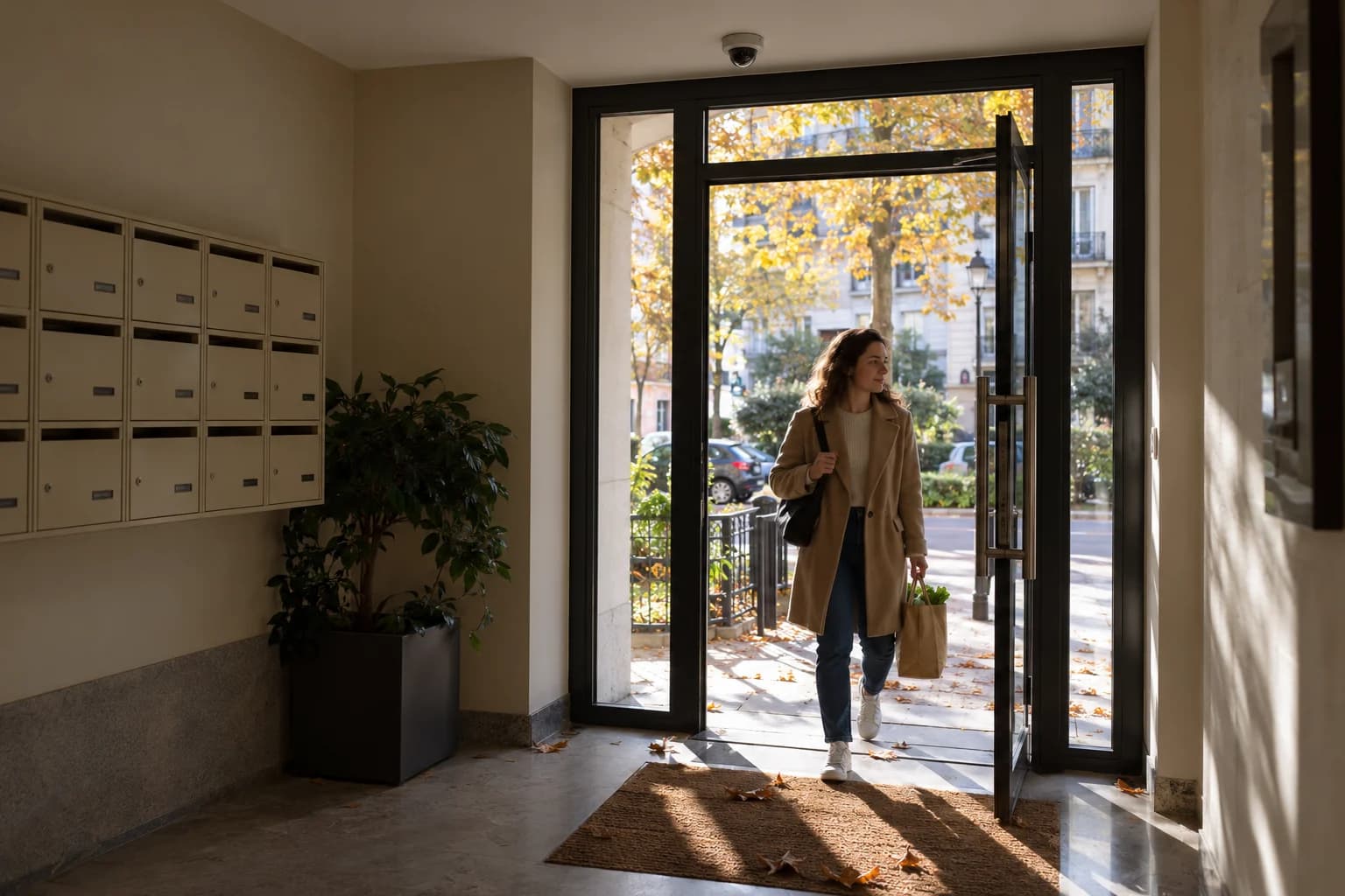 Entrée vitrée lumineuse vue depuis un hall plus sombre, avec caméra au plafond
