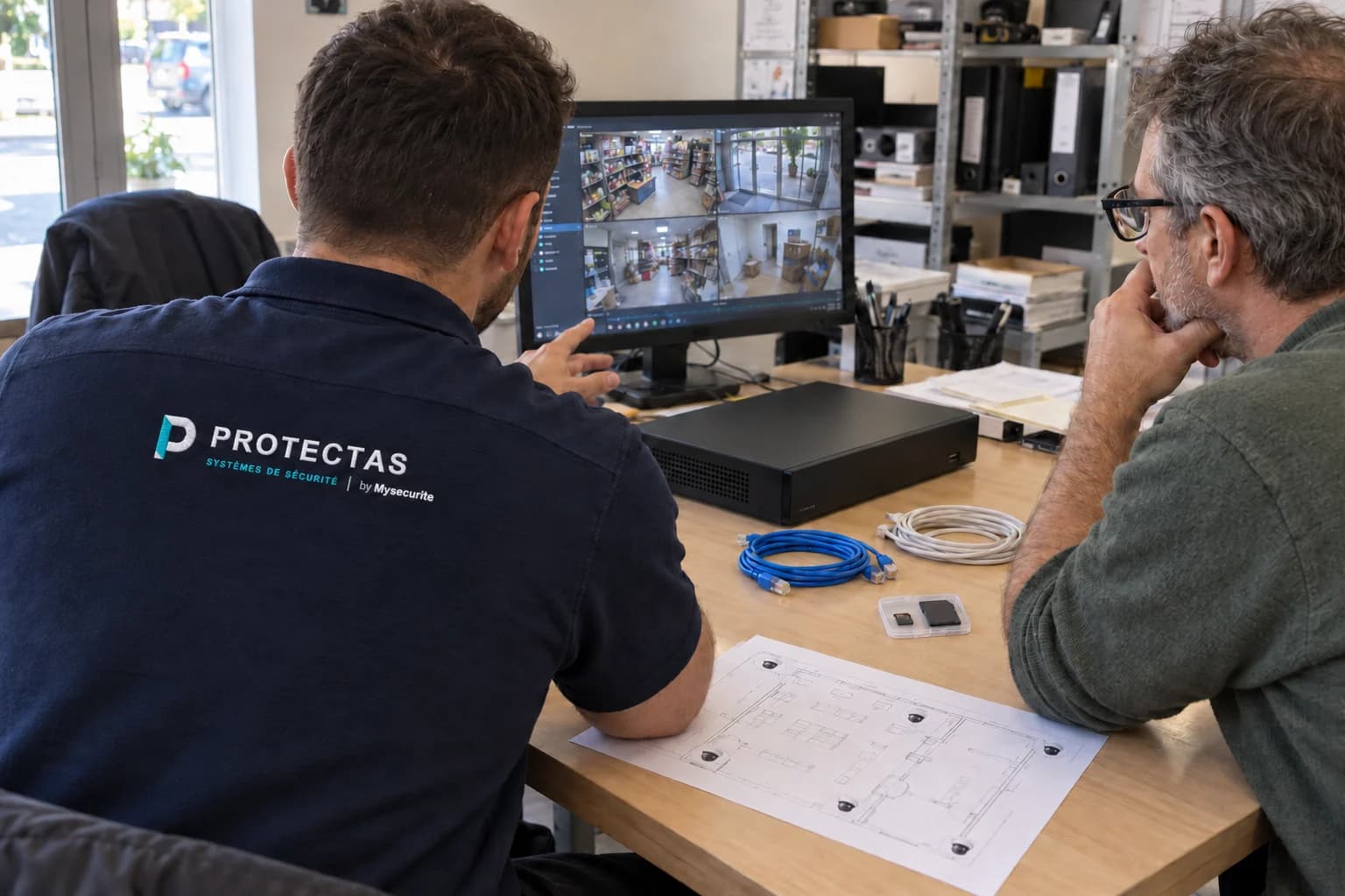Un technicien Protectas et un commerçant examinent un enregistreur et un support mémoire sur un bureau