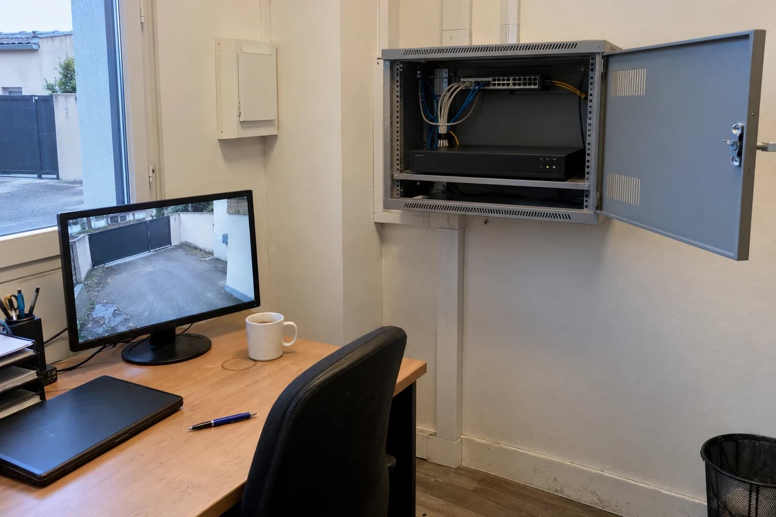 Enregistreur et équipements réseau dans un coffret mural à côté d’un bureau de gestion
