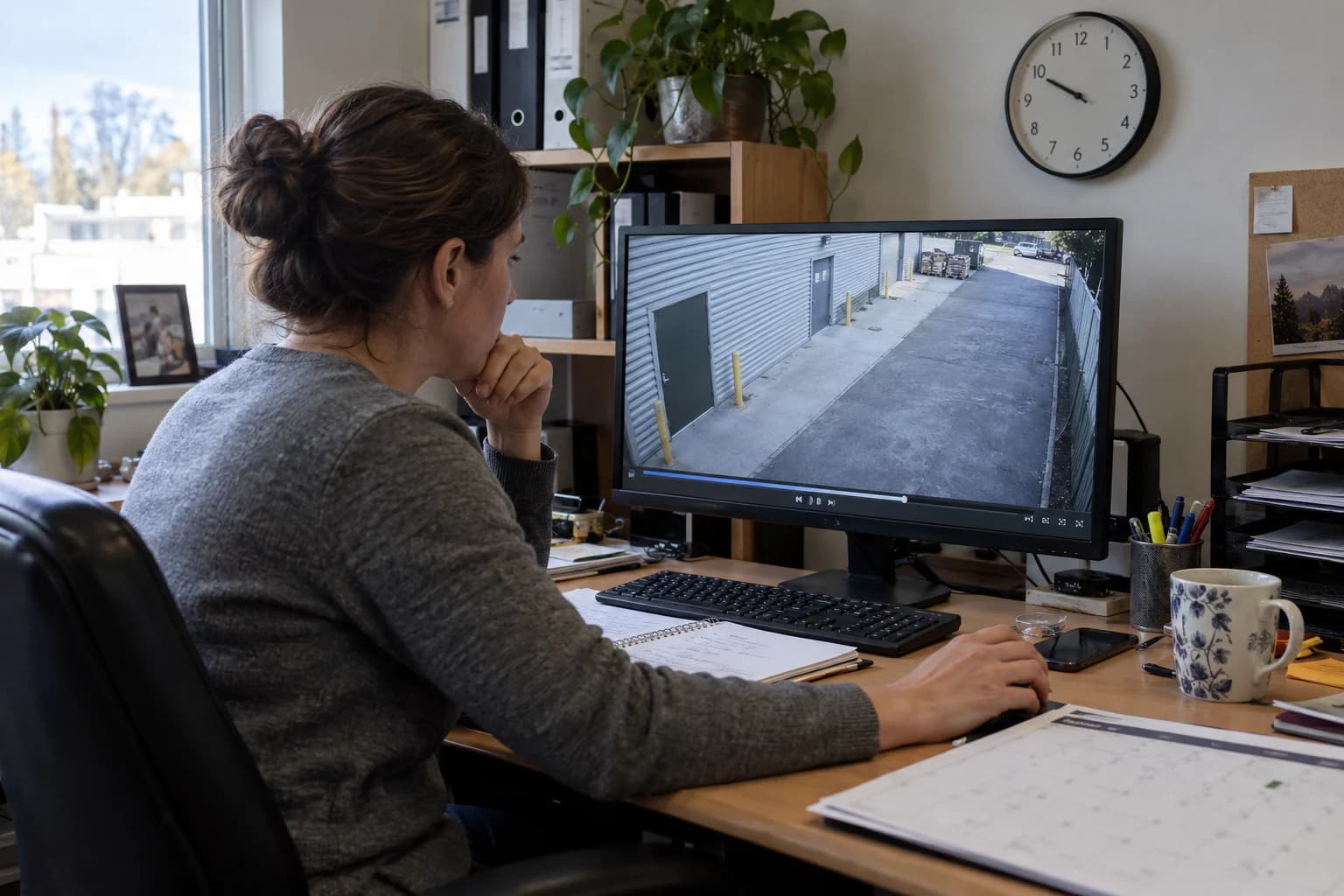 Une responsable recherche une séquence vidéo depuis son bureau, près d’une horloge