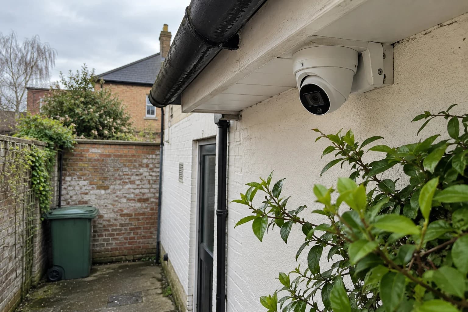 Caméra fixée sous une avancée de toiture et végétation à entretenir dans une cour privée