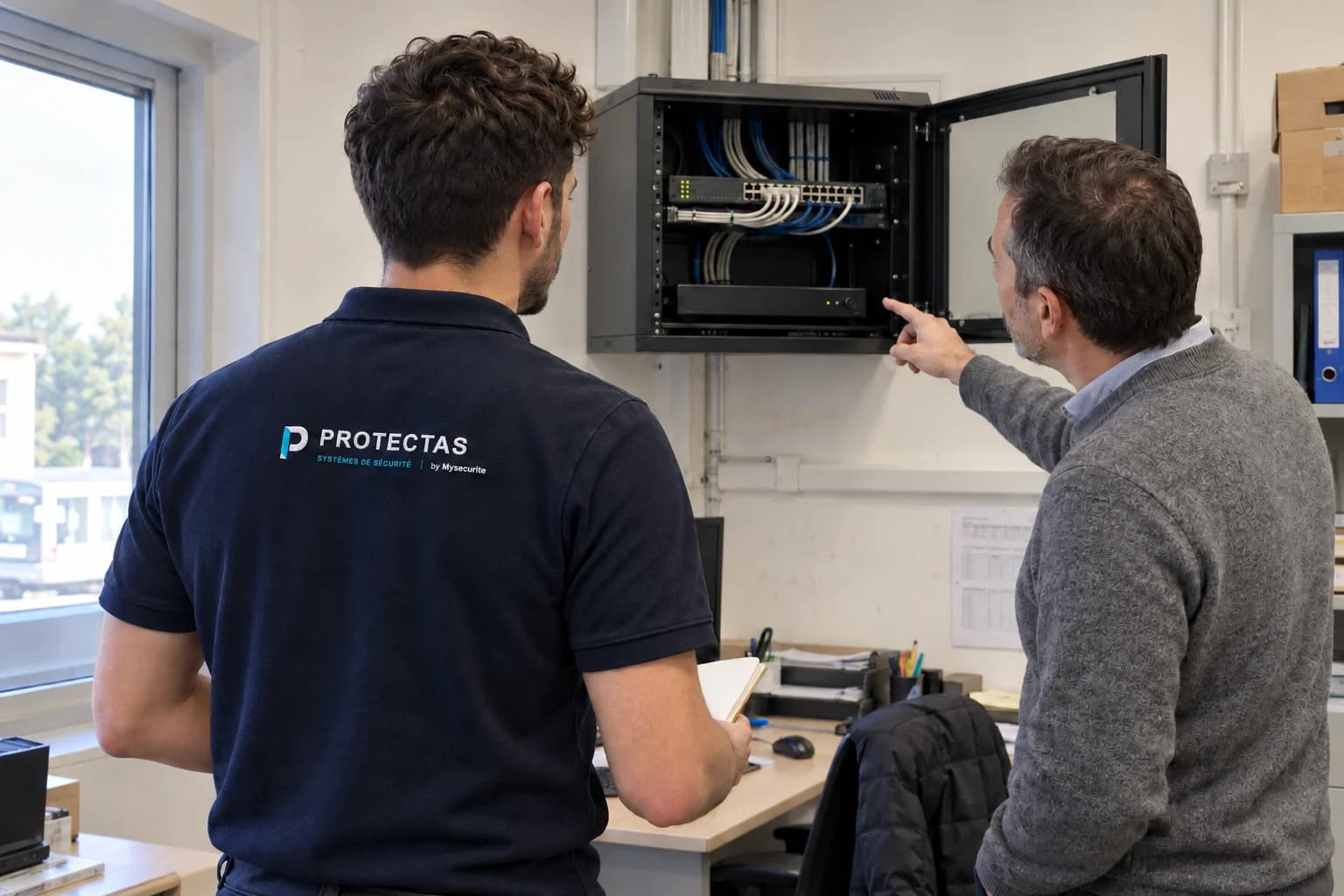 Un technicien Protectas et un responsable examinent le coffret vidéo et réseau de leurs locaux